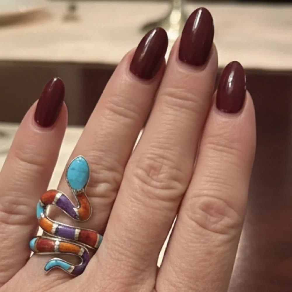 Native made Zuni Multicolor Turquoise Orange Purple Snake Ring - sterling silver - Picture 8 of 9